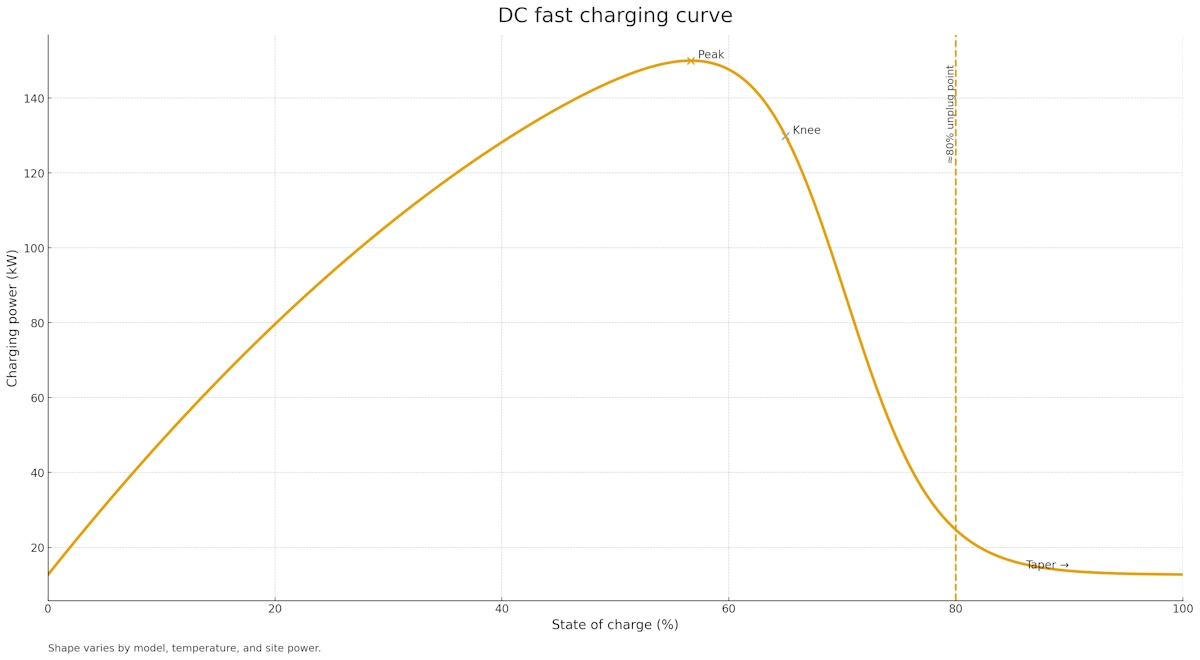 DC fast charging curve with peak, knee, and taper near 80 percent SOC