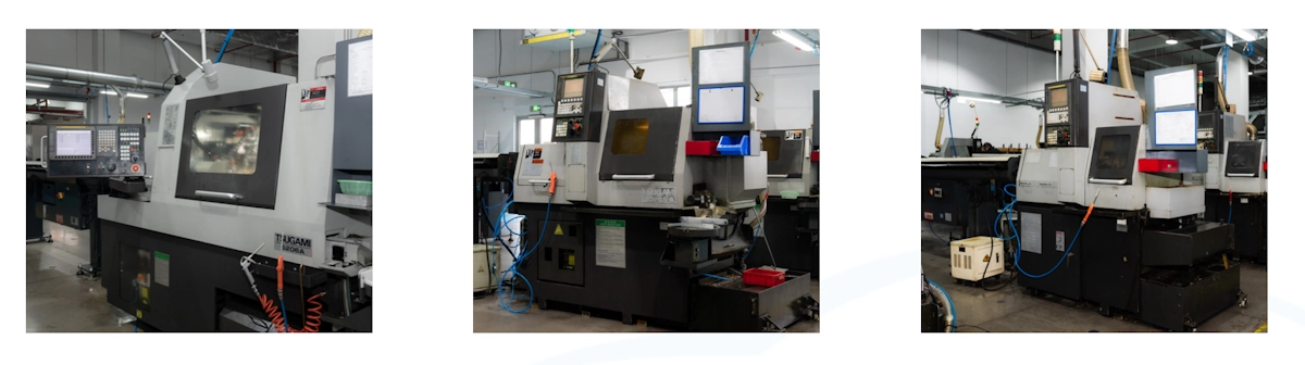 Row of Swiss-type lathes arranged on a production line for high-volume precision machining