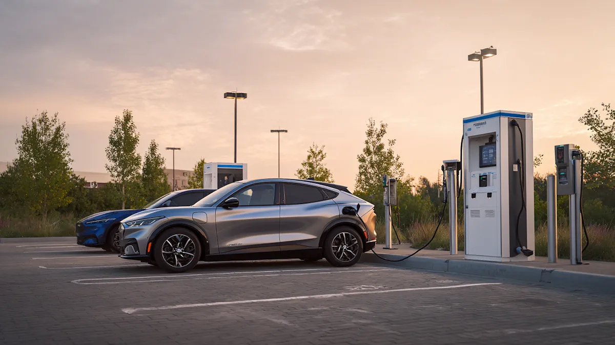 Commercial EV fast charging station in North America at dusk with an electric SUV connected to a DC charger Commercial EV fast charging station in North America at dusk with an electric SUV connected to a DC charger