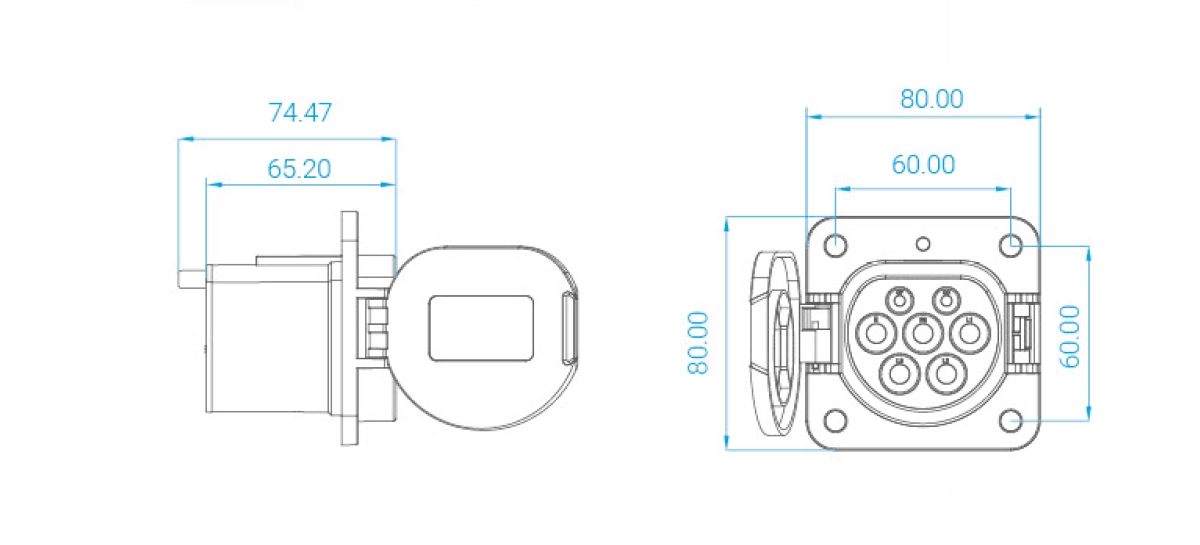 Dimension drawing of Workersbee GBT AC vehicle inlet socket with front and side views for installation reference Dimension drawing of Workersbee GBT AC vehicle inlet socket with front and side views for installation reference